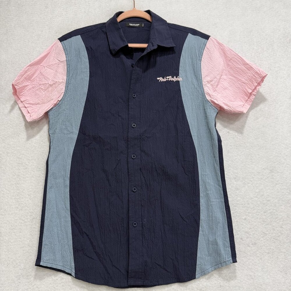 PINK+DOLPHIN Shirt Mens Medium Multicolor Colorblock Short Sleeve Button Up